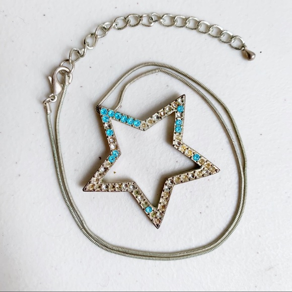 Silver Blue Rhinestone Star Necklace Y2K Celestial Statement Pendant 19” 90s - Picture 2 of 2